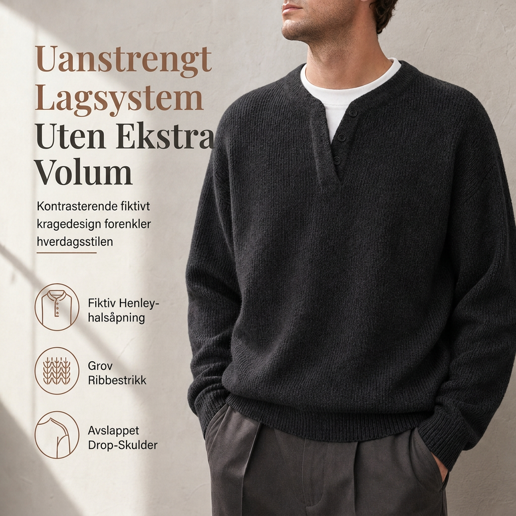 Herretøy – Retro Henley-hals, falsk todelt genser, avslappet passform, lang ermet strikkegenser for høst og vinter