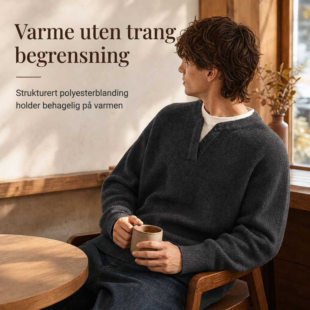 Herretøy – Retro Henley-hals, falsk todelt genser, avslappet passform, lang ermet strikkegenser for høst og vinter