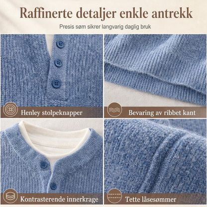 Herretøy – Retro Henley-hals, falsk todelt genser, avslappet passform, lang ermet strikkegenser for høst og vinter