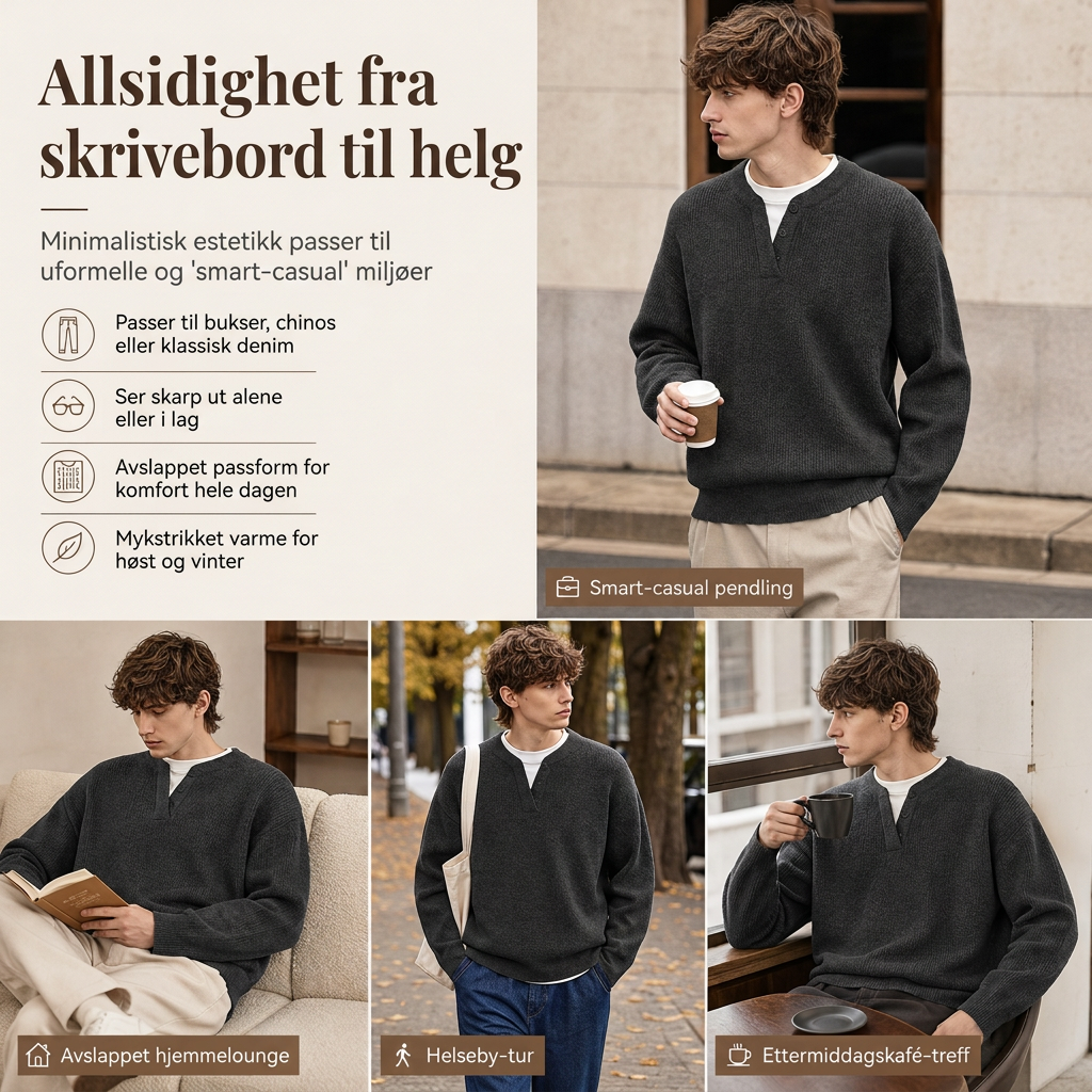 Herretøy – Retro Henley-hals, falsk todelt genser, avslappet passform, lang ermet strikkegenser for høst og vinter