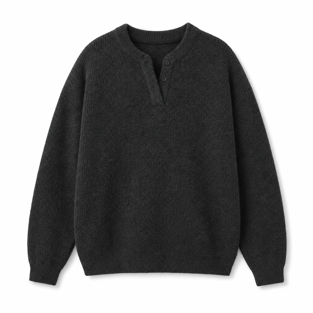 Herretøy – Retro Henley-hals, falsk todelt genser, avslappet passform, lang ermet strikkegenser for høst og vinter