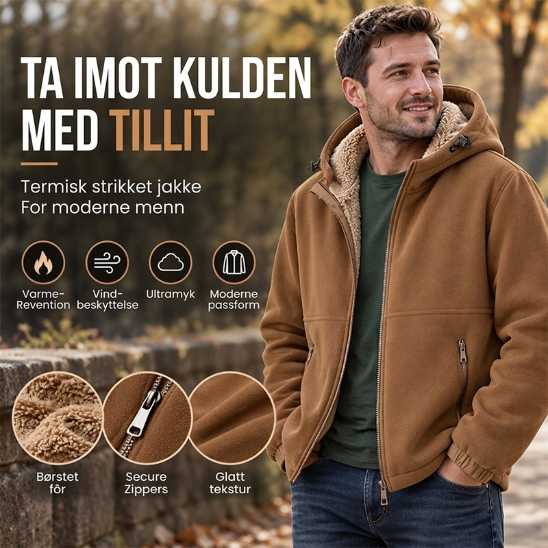 Avslappet herrejakke med hette og varm fôr