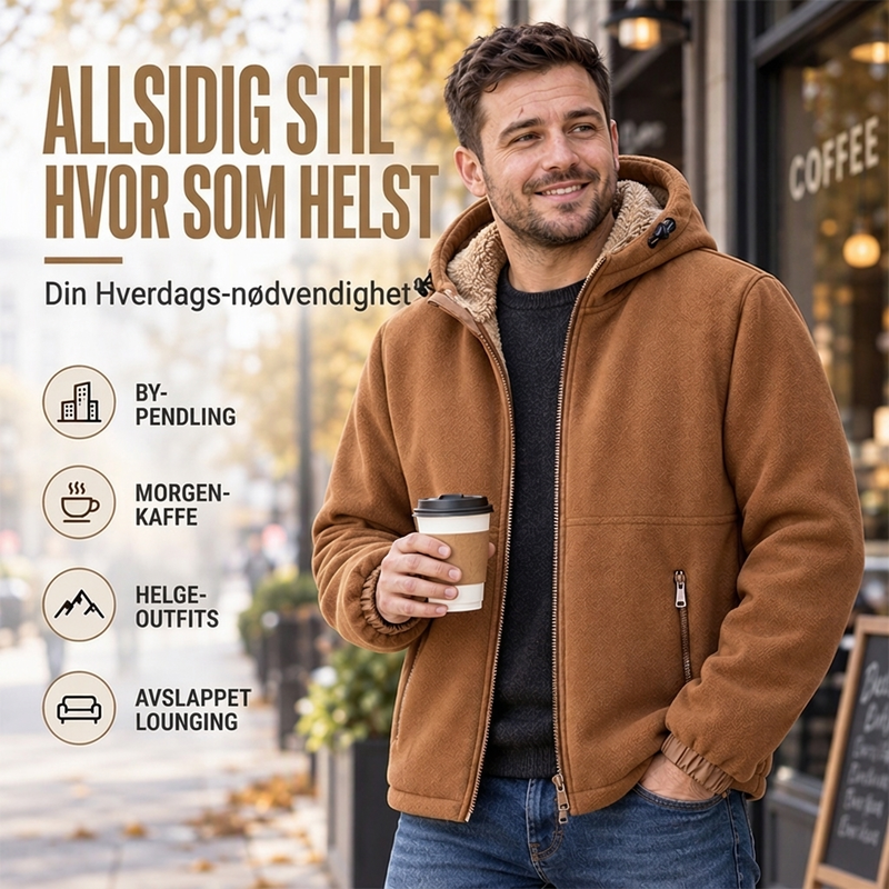 Avslappet herrejakke med hette og varm fôr