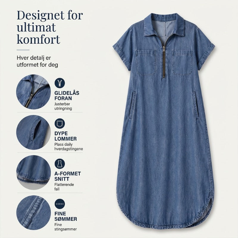 Dame Denim Maxikjole med V-hals og Glidelås