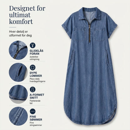 Dame Denim Maxikjole med V-hals og Glidelås