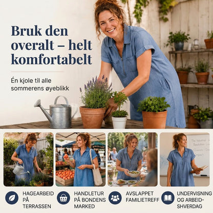 Dame Denim Maxikjole med V-hals og Glidelås
