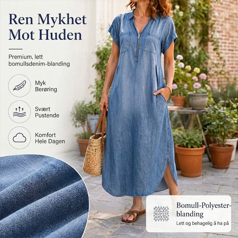 Dame Denim Maxikjole med V-hals og Glidelås
